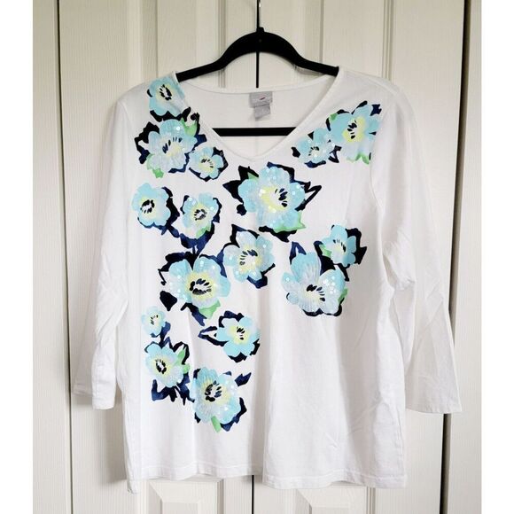 Chico's 2 White Blue Floral T-Shirt Beading Large 3/4 Slv V-Neck Stretch NEW - Picture 1 of 7